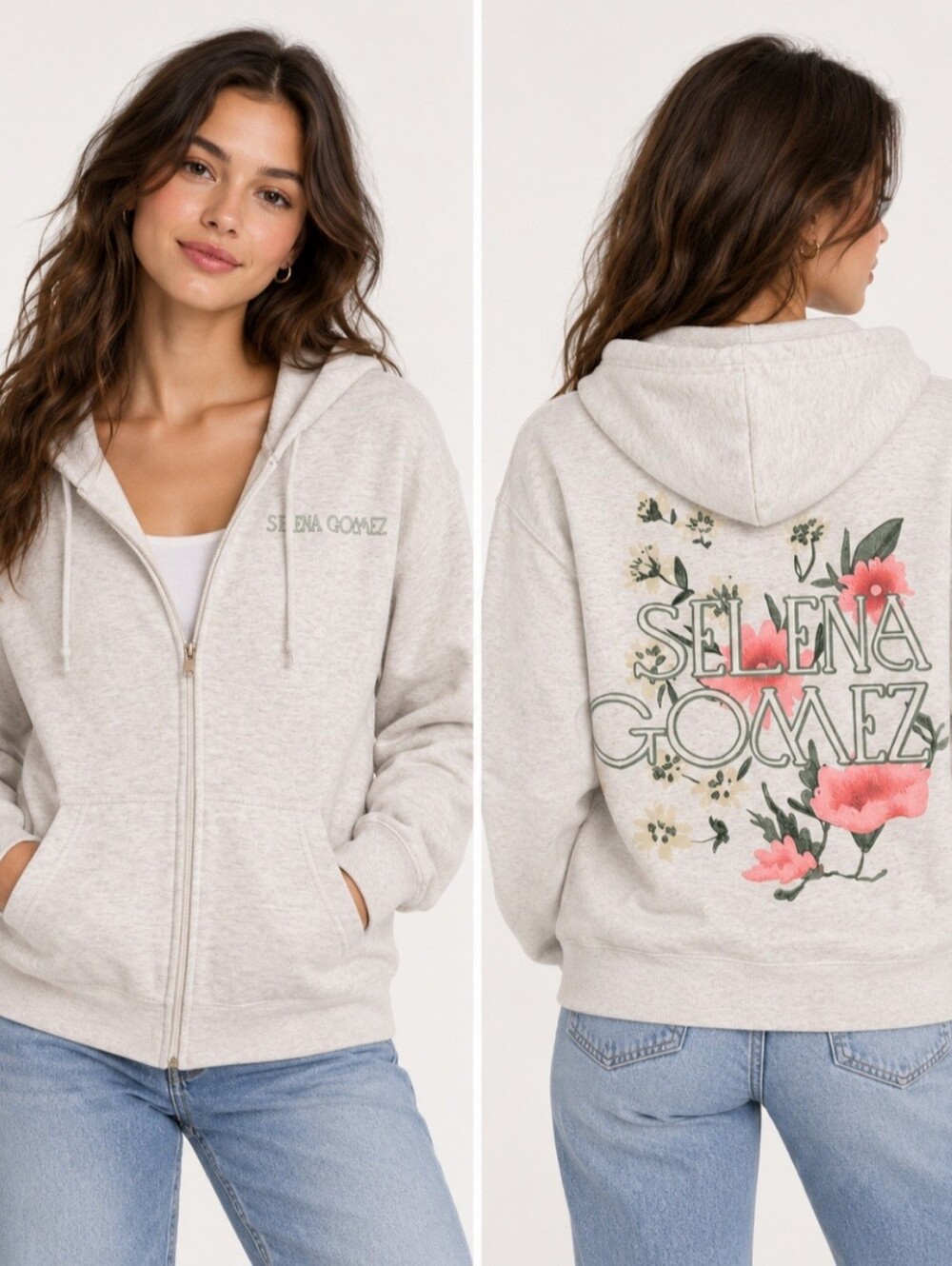 Selena Gomez Floral Graphic Full Zip Hoodie Gray Celebrity Merch